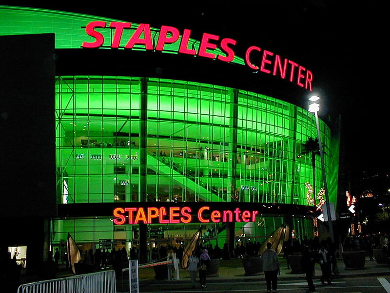 Los Angeles- Staples Center (Green Lighting), los angeles, lakers fans, staples center, green lighting, HD wallpaper