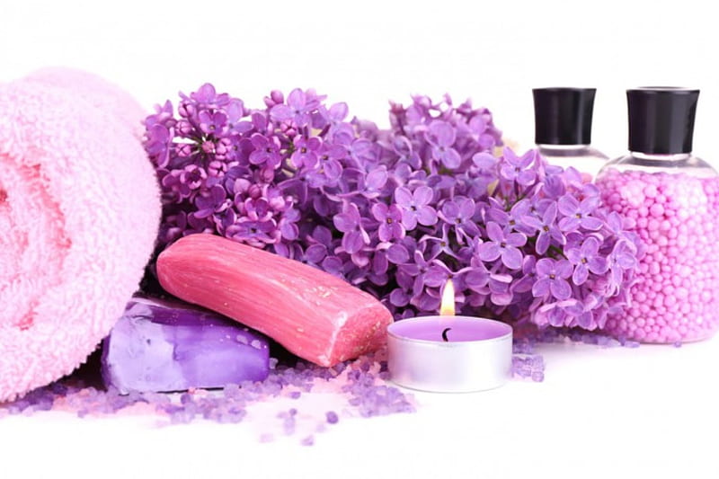Purple spa, cosmetics, Spa, towels, soaps, candles, purple color, supplies for women, makeup, flowers, beauty, HD wallpaper