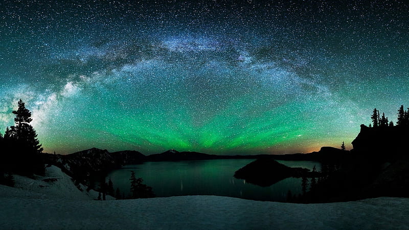 aurora borealis and the milky way above a lake, stars, northern lights, lake, night, HD wallpaper