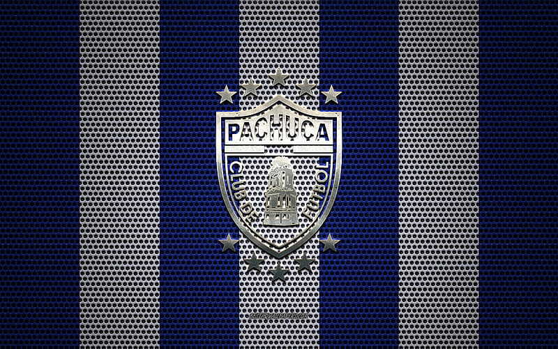 CF Pachuca logo, Mexican football club, metal emblem, blue and white metal mesh background, CF Pachuca, Liga MX, Pachuca, Hidalgo, Mexico, football, HD wallpaper