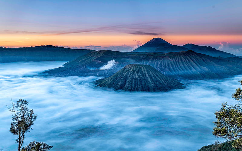 Mount Bromo sunset, Indonesian landmarks, Bromo Tengger Semeru National Park, volcano, Indonesia, Asia, beautiful nature, HD wallpaper
