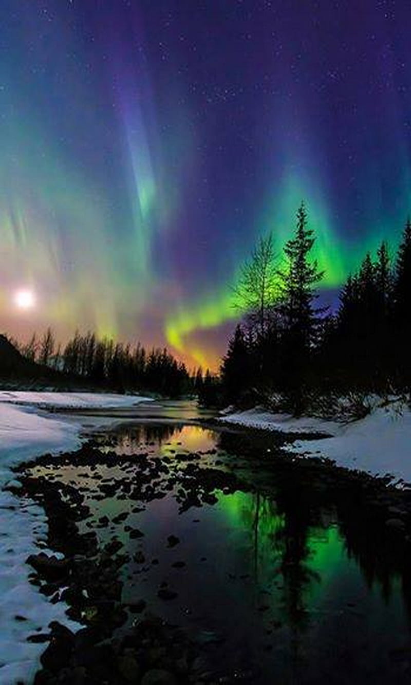 Alaska, aurora, colors, moon set, sky, HD phone wallpaper
