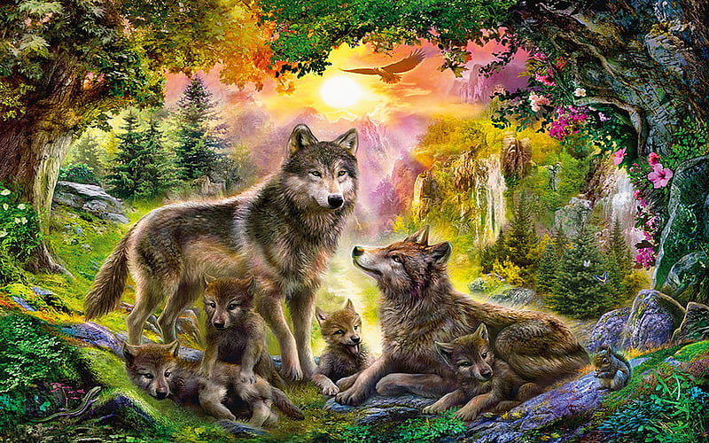 Wolf Family, cubs, wolf, family, indangered, nature, animals, HD wallpaper