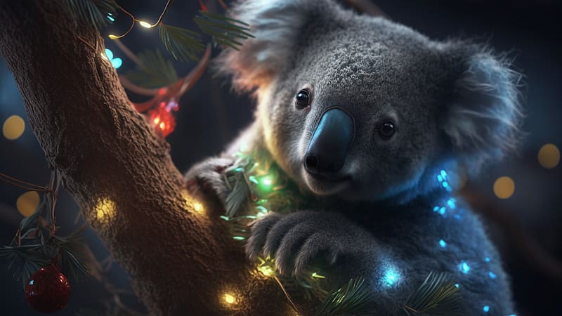 :), animal, craciun, koala, bear, christmas, lights, cute, tree, HD wallpaper