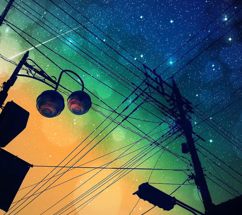 Misty Night, anime, bonito, cables, calle, sky, green, landscape, sky, space, street, verde, HD wallpaper