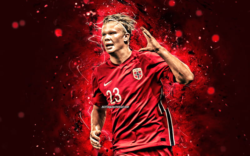 Erling Haaland 2020, Norway National Team, soccer, footballers, Erling Braut Haaland, red neon lights, Norwegian football team, Erling Haaland, HD wallpaper