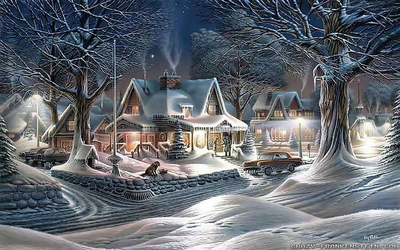 Christmas Town, christmas home, christmas house, christmas village, christmas road, HD wallpaper