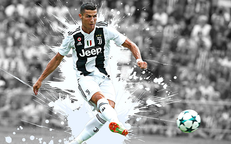 Cristiano Ronaldo art, Juventus FC, splashes of paint, Portuguese footballer, grunge art, creative art, Serie A, Italy, football, World football star, HD wallpaper