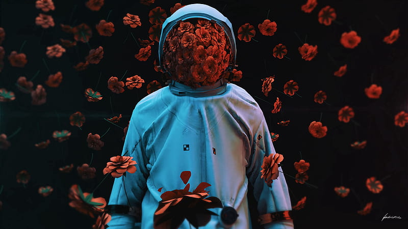 astronaut, flowers, spacesuit, gravity, 3d, HD wallpaper