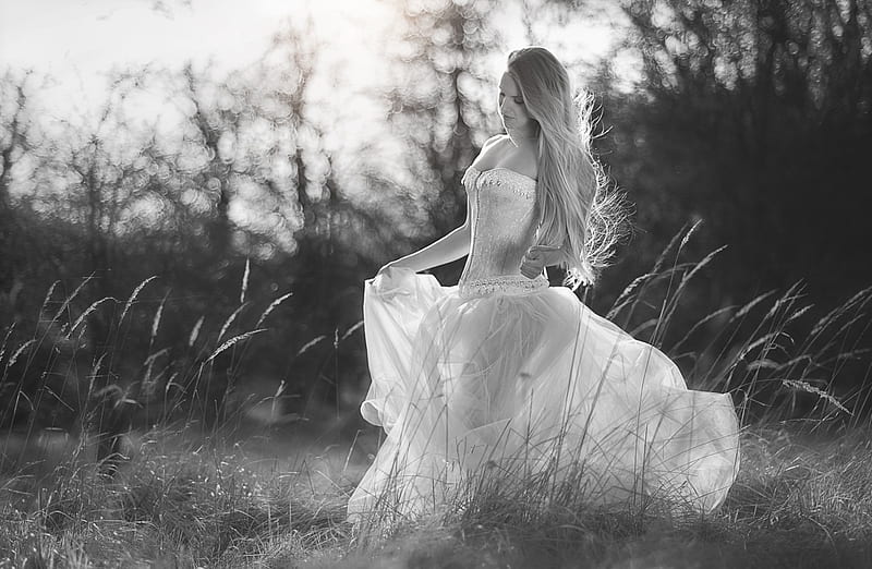 Summer Breeze Makes Me Feel Fine, Country Woman, Black and White, Flowing Blonde Hair, White Dress, Nature, Breeze, Woods, Sheer Bottom of Dress, Summer, Grass, Field, Lace, HD wallpaper