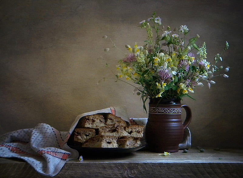 Still life, Napkin, Table, Flowers, Cakes, HD wallpaper
