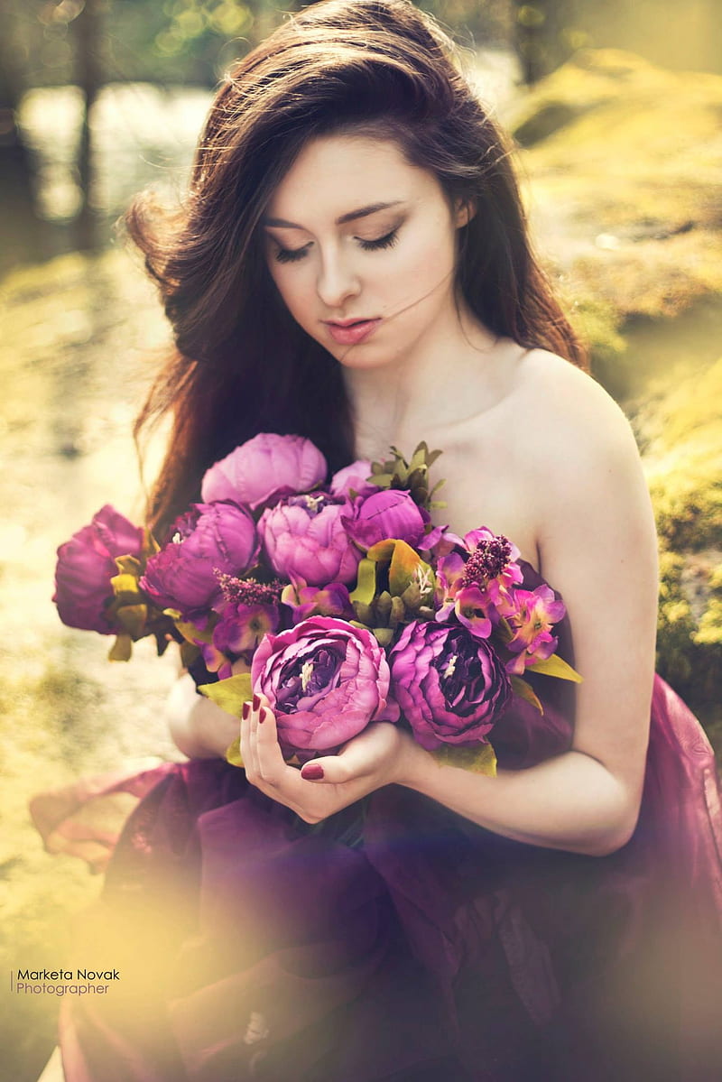 Marketa Novak, flowers, plants, bare shoulders, women outdoors, women, , model, HD phone wallpaper