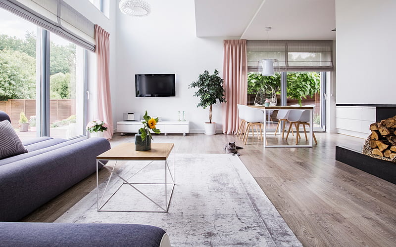 stylish interior, living room, minimalism, stylish interior design, white walls in the living room, HD wallpaper
