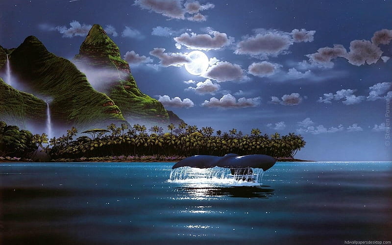 Silent night, moon, water, ocean, island, sky, sea, HD wallpaper