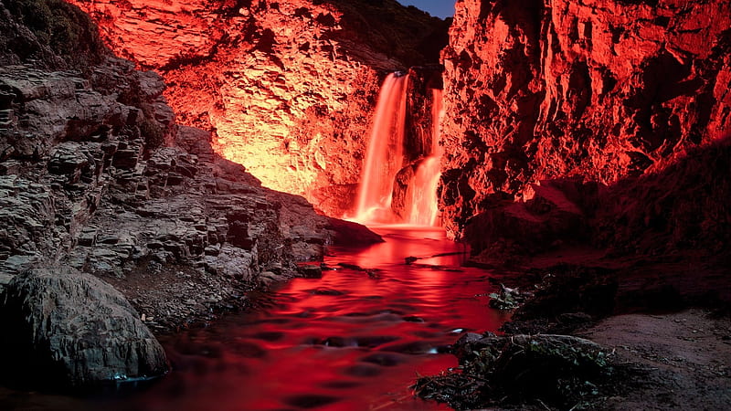 Marvelous Red Waterfall, red, rocks, cliffs, mountains, waterfall, nature, river, landscape, light, night, HD wallpaper