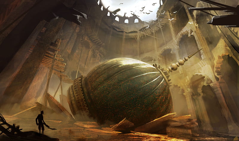 Collapse Palace, fate, action, prince of persia, video game, prince, artwork, 3000x1770, environment, collapse, art, concept art, pop, palace, adventure, 2010, warrior, prince of persia the forgotten sands, HD wallpaper