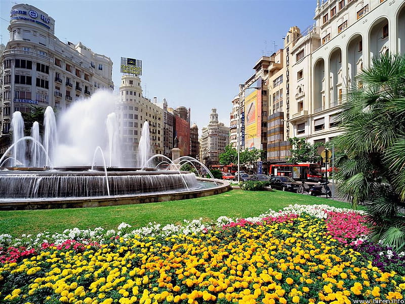 Plaza del Ayuntamiento, Spain, fountain, buildings, flowers, garden, spain, HD wallpaper