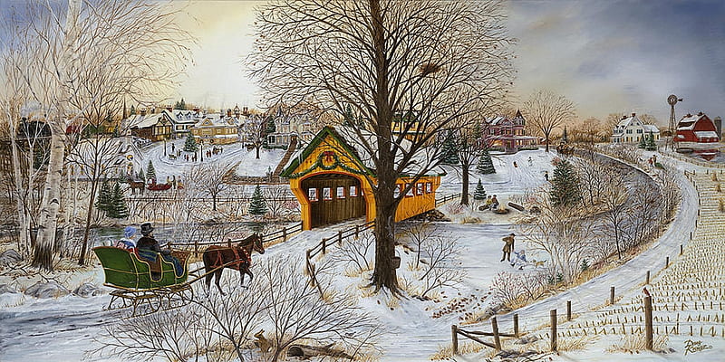 Winter Memories, bridge, snow, houses, covered, cart, horse, fence, artwork, tree, painting, vintage, HD wallpaper