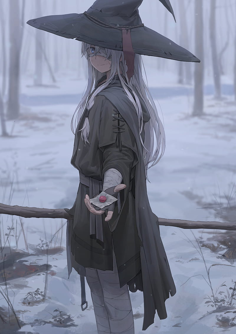 anime girls, drawing, yohan1754, original characters, witch, witch hat, silver hair, blue eyes, eyepatches, smiling, snow, POV, HD phone wallpaper