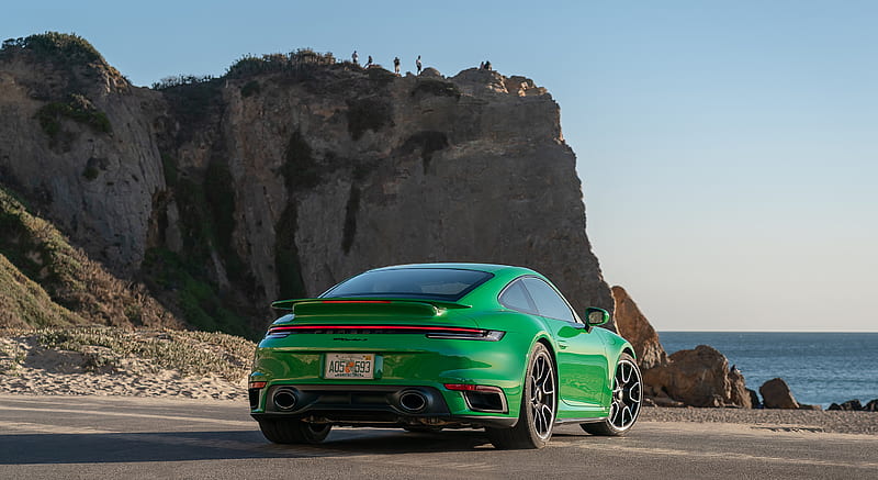 2021 Porsche 911 Turbo S Coupe (Color: Python Green) - Rear Three-Quarter , car, HD wallpaper