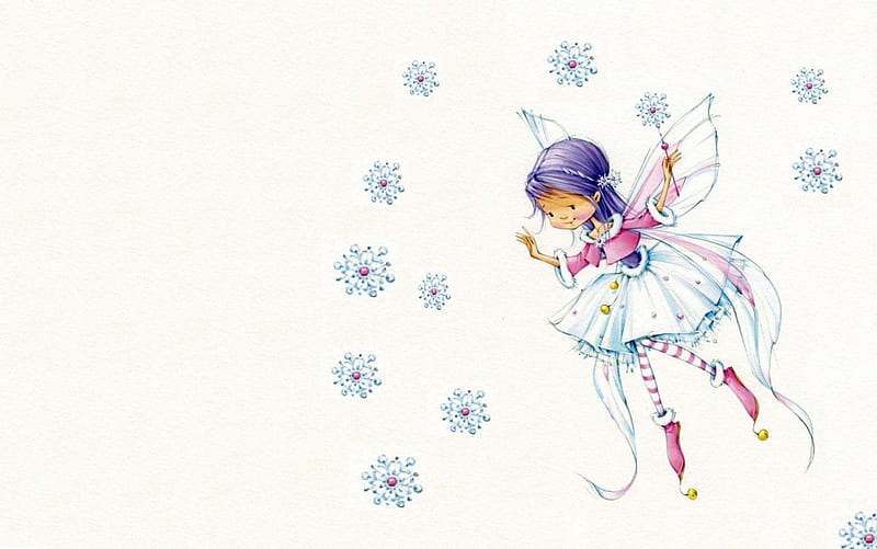 Winter fairy, wings, marina fedotova, card, cute, snowflake, girl, copil, child, white, fairy, blue, HD wallpaper