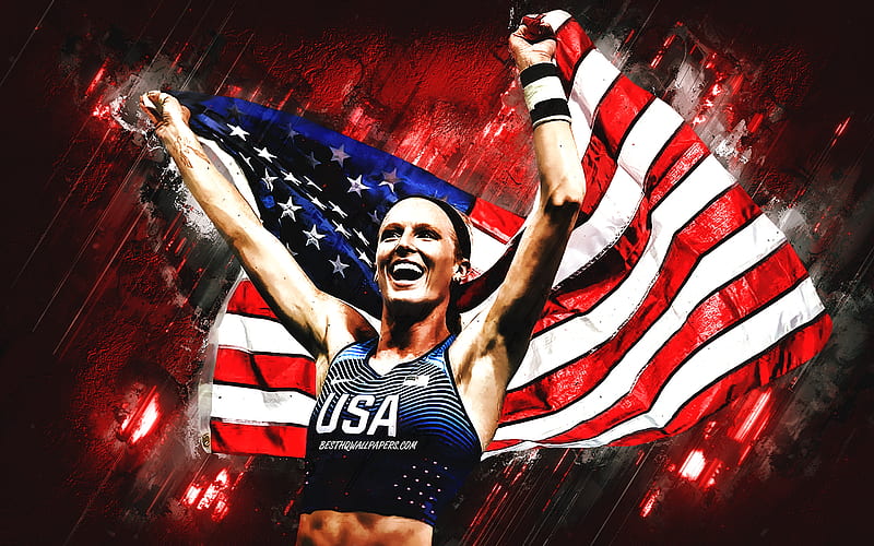 Sandi Morris, American athlete, American pole vaulter, red stone background, USA, American flag, USA flag, HD wallpaper