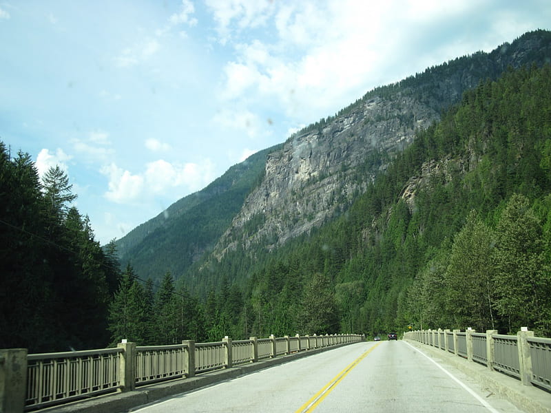 The Rockies mountains in BC - Canada 87, Mountains, graphy, roads, green, white, trees, clouds, sky, HD wallpaper