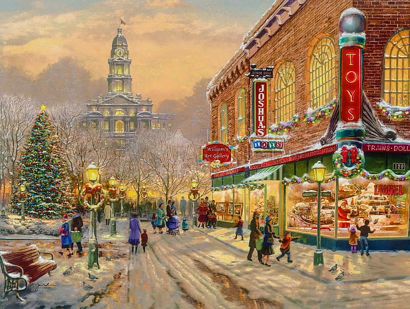 A Christmas Wish, snow, people, street, city, painting, artwork, HD wallpaper