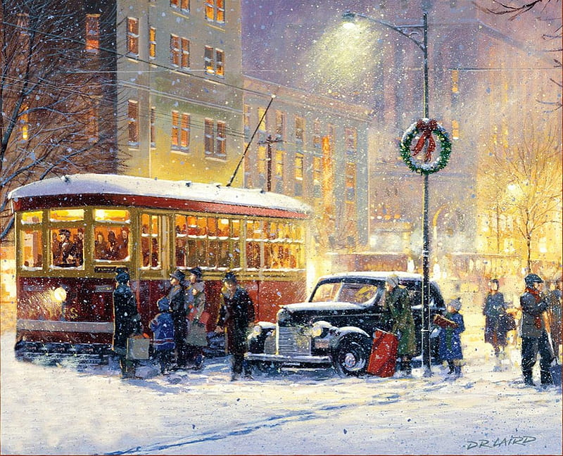 Christmas in NY, buildings, artwork, winter, tram, snow, people, car, painting, vintage, HD wallpaper