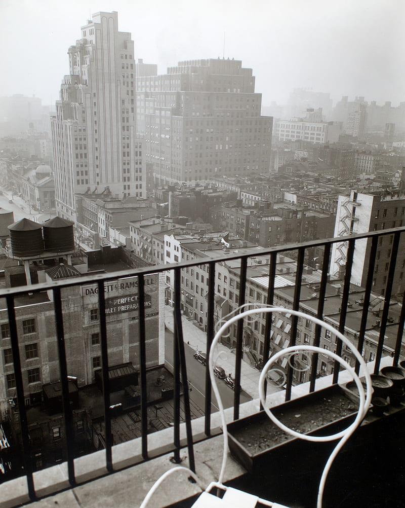 city, buildings, aerial view, fog, bw, HD phone wallpaper