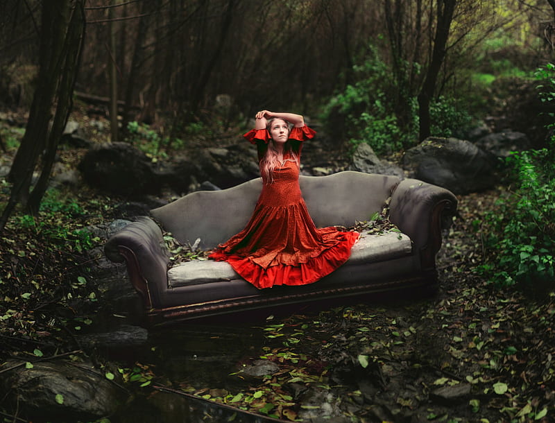 Alone in the forest, forest, trees, sofa, woman, HD wallpaper