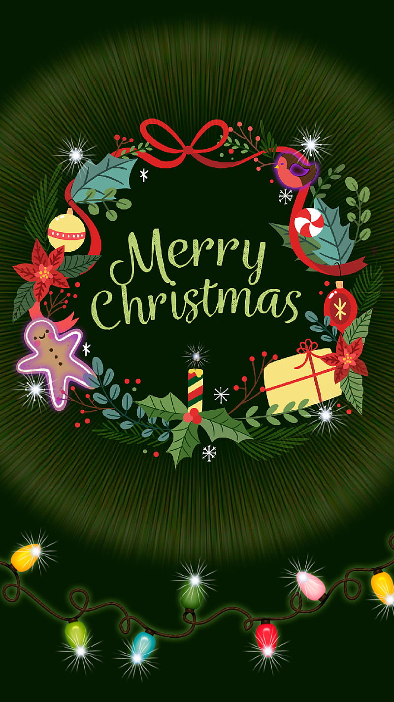 Merry Christmas 1, garland, gifts, good mood, green, holiday, light, merry christmas, new year, symbol, wreath, HD phone wallpaper