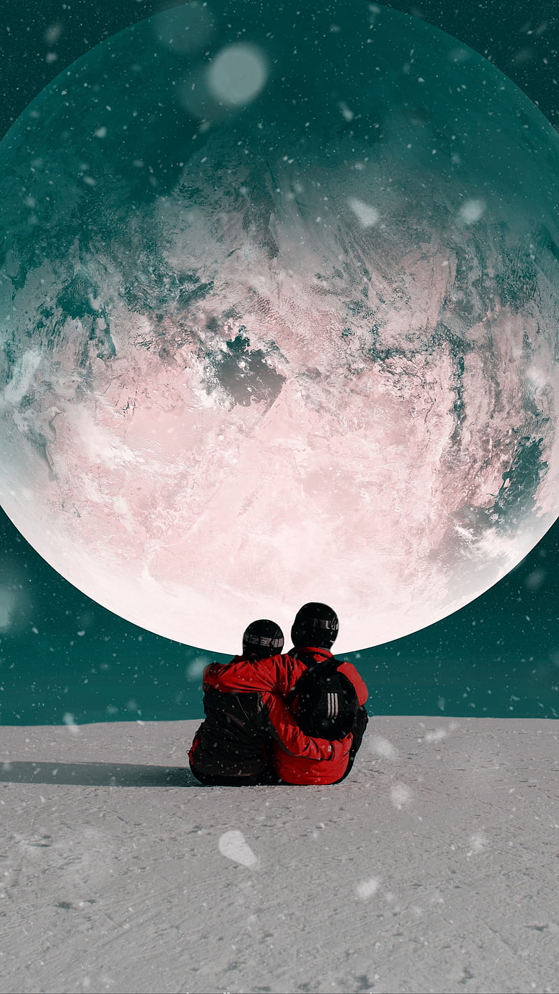 Couple Hugs , moon, snow, space, HD phone wallpaper