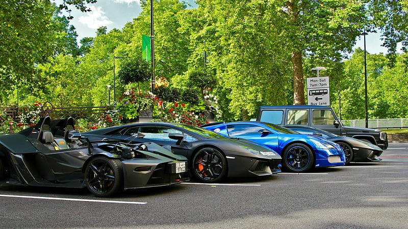 row of parked super cars, carros, blacktop, parking, trees, HD wallpaper
