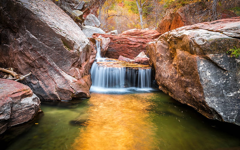 Waterfall ~ Zion Nat'l. Park, Utah, rocks, waterfall, nature, usa, HD wallpaper