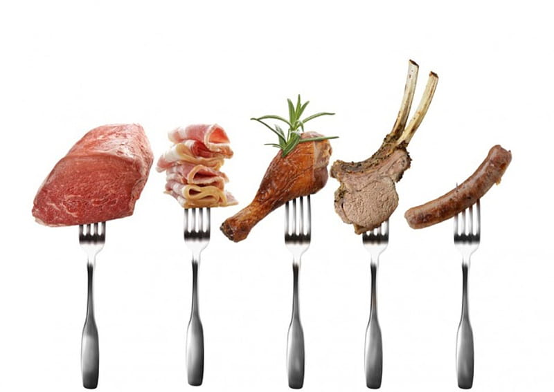 Meat on fork, meat, food, grill, fork, HD wallpaper