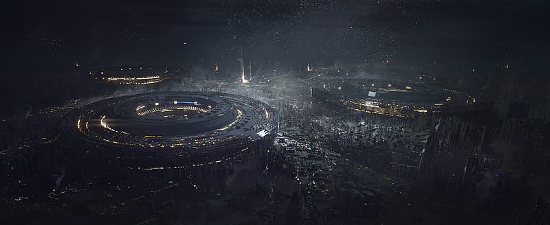 futuristic city, lights, aerial view, city planning, Sci-fi, HD wallpaper