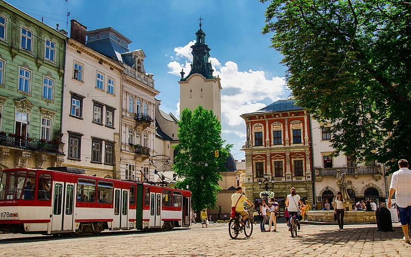 tram, spire of town hall, lions, market square, ukraine, HD wallpaper