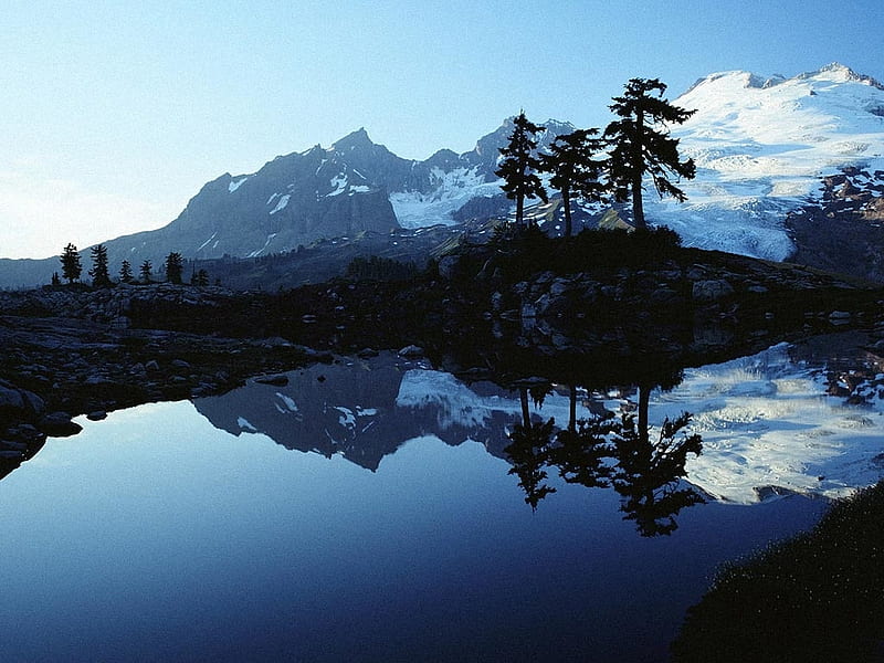 Mount Baker,Washington,USA, baker, snow, mount, mountains, nature, reflection, trees, lake, HD wallpaper