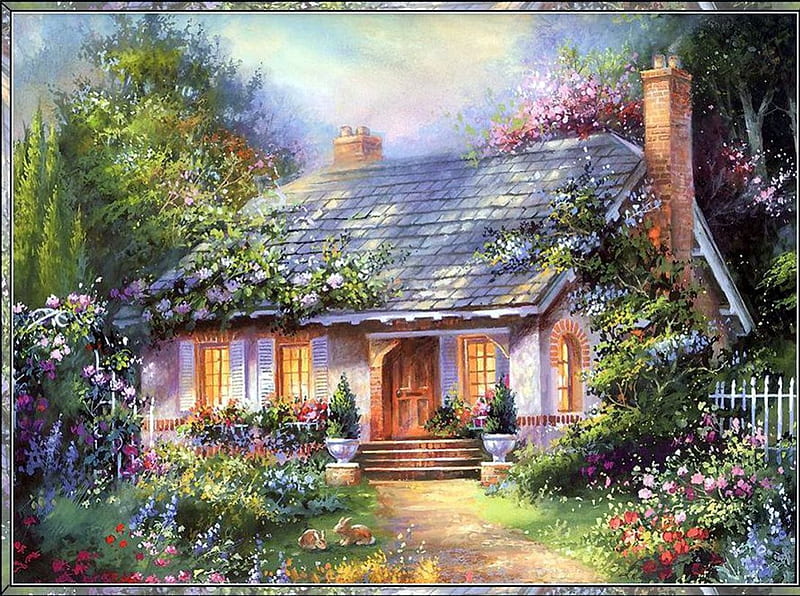 Country Cottage, painting, garden, flowers, house, HD wallpaper