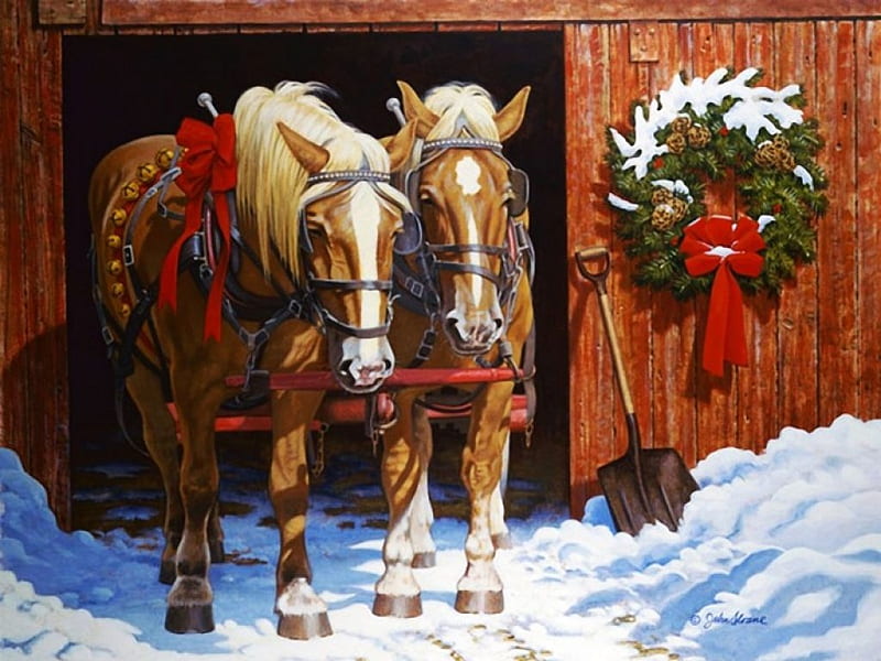 Horses Christmas, snow, decoration, painting, shovel, stable, artwork, door, HD wallpaper