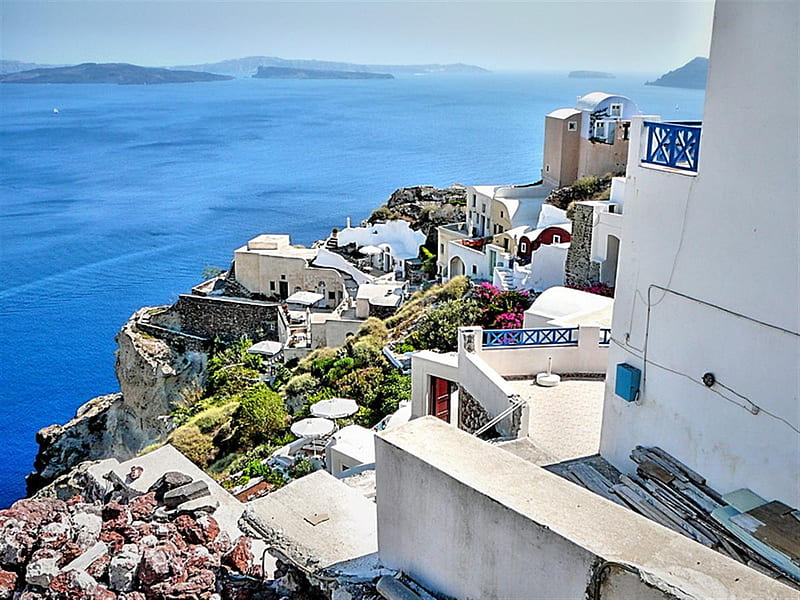 santorini, greece, hilltop living, view, houses, island, HD wallpaper
