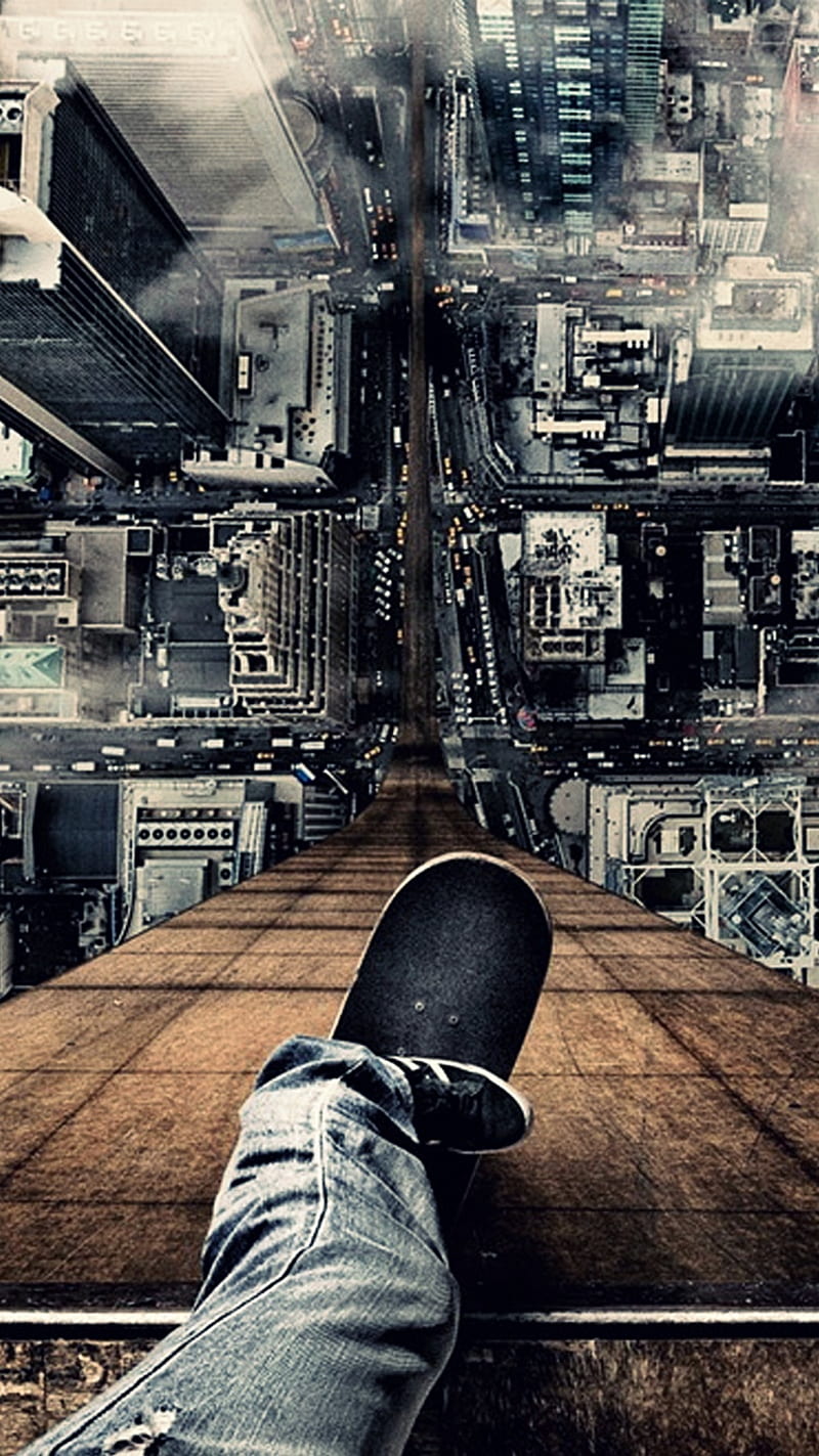 Skate, city above, cool, buildings, HD phone wallpaper