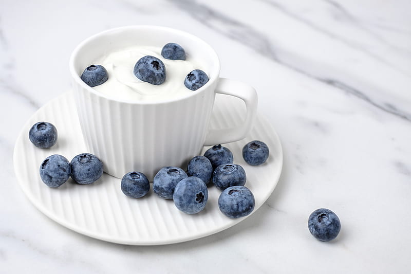 yogurt, blueberries, berries, cup, white, HD wallpaper