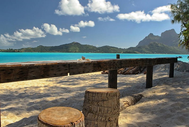 Bora Bora Beach Bar, polynesia, exotic, sun, holiday, bonito, escape, desert island, sea, beach, bora bora, sand, island, tropical, south pacific, HD wallpaper
