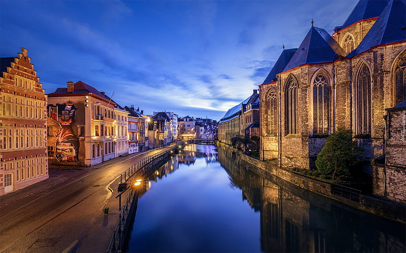 Ghent, Belgium, canal, Ghent, houses, Belgium, evening, church, HD wallpaper