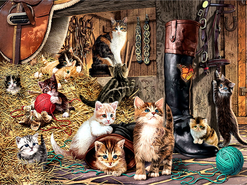 Watchful Eye F, art, boot, saddle, kittens, bonito, pets, artwork, animal, feline, yarn, painting, wide screen, cats, bridle, HD wallpaper