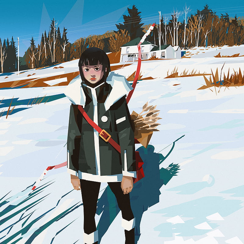 women, brunette, short hair, archer, bow, arrows, coats, snow, nature, bag, trees, painting, drawing, Yun Ling, HD phone wallpaper