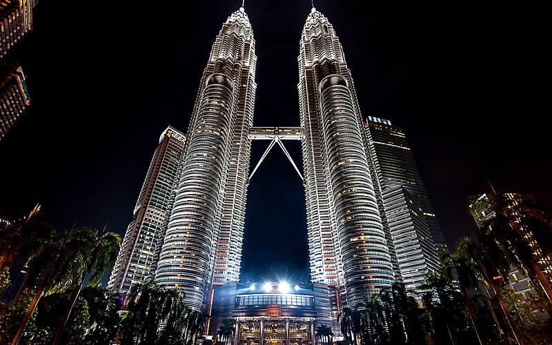 Kuala Lumpur, Petronas Towers, twin skyscrapers, night, evening, modern skyscrapers, modern buildings, Malaysia, HD wallpaper