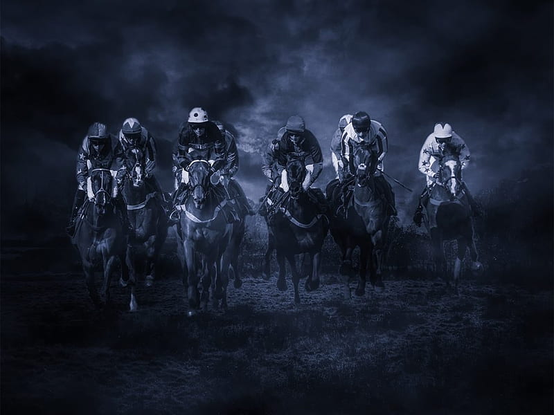 Riders on the Storm, Race, Bridle, Black and White, Dark Clouds, Horses, Men, Saddles, Jockeys, dark, Gallop, HD wallpaper